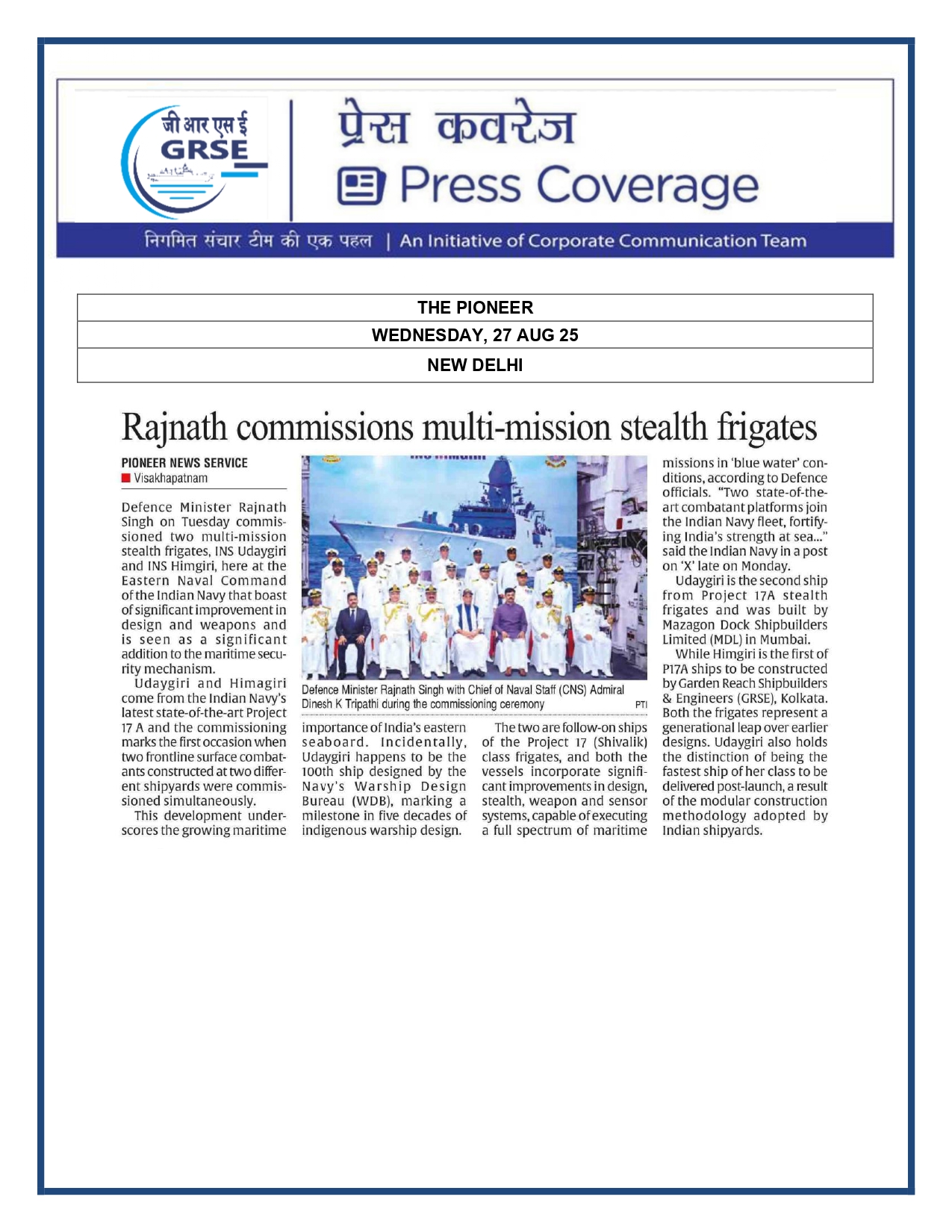 Press Coverage : 27 Aug 25:India will build its own warships,import no more:Rajnath